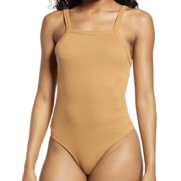 NWT! BP. Picot Trim Cotton Blend Rib Bodysuit in Tan Dale 🤎 - Picture 2 of 6